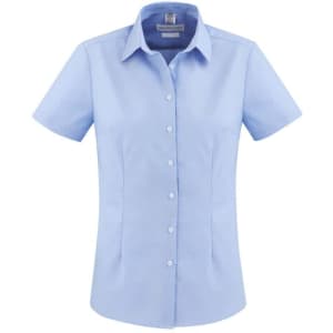 A light blue women's button-up shirt with short sleeves and a tailored fit. It features a logo on the chest.