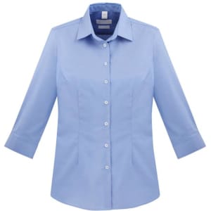 A light blue women's button-up shirt featuring 3/4 sleeves and a collar, with a logo on the chest.