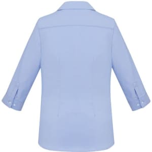 A light blue women's button-up shirt with 3/4 sleeves and a collar, featuring a logo.