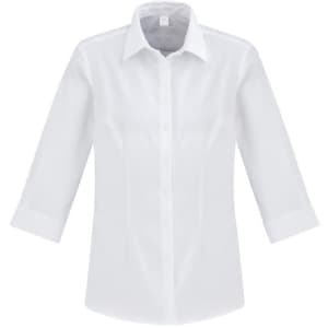 A white button-up women's shirt with 3/4 sleeves and a collar, featuring a logo on the chest.