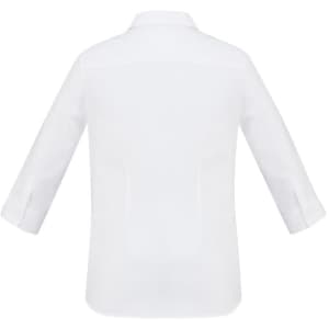 A white women's button-up shirt with a 3/4 sleeve design and a simple back detail. It features a logo.
