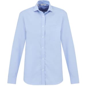 A light blue, long sleeve button-up shirt featuring a pocket and a logo.