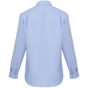 A light blue men's button-up shirt with long sleeves and a classic collar, featuring a logo on the back.