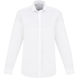 A white men's button-up shirt with a long sleeve and a collar, featuring a logo on the chest.