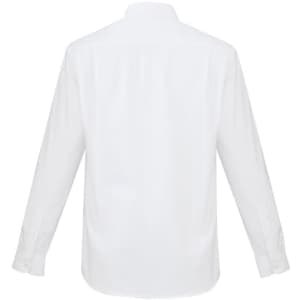 A white long sleeve button-up shirt featuring a collar and button cuffs, with a plain back design and a logo.