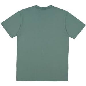 A green men's short sleeve tee featuring a plain design and a logo on the back.