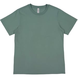 A short sleeve tee in a muted green colour with a simple design and a brand logo inside the neckline.