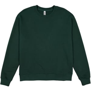 A green crew sweatshirt with a simple design and long sleeves. It features ribbed cuffs and a neckline.