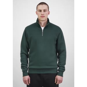 A green men's 1/4 zip sweatshirt displayed on a model, featuring a collar and long sleeves.