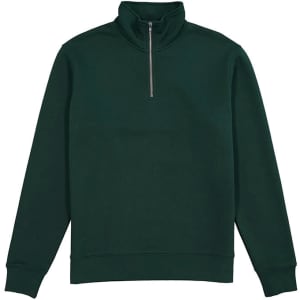 A green men's jumper featuring a 1/4 zip design and a high collar, with a branding logo.