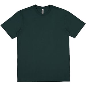 A dark green men's short sleeve t-shirt with a round neck and a logo on the label.