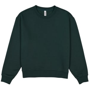 A green women's everyday crew sweatshirt with a relaxed fit and long sleeves, featuring a logo.