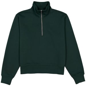 A dark green women's 1/4 zip jumper with a high collar and long sleeves, featuring a logo.