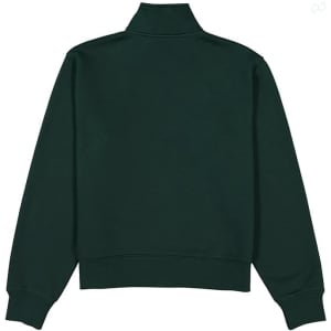 A dark green women's 1/4 zip sweater with a high collar and ribbed hem. The back view displays its simple design.