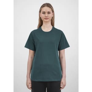 A women's short sleeve tee in a deep green colour, featuring a simple design and a logo.