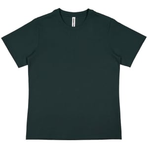 A women's short sleeve tee in dark green, featuring a simple design and a label at the neckline.