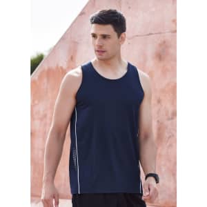 A navy blue men's singlet featuring white side panels and a logo, designed for athletic wear.