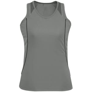 A grey ladies' singlet with side mesh panels and a logo on the front.
