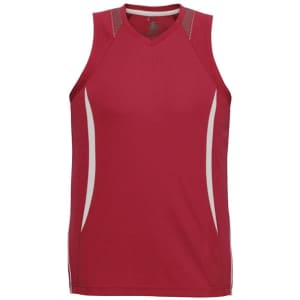 A red men's singlet with side panel detailing and a logo on the front.