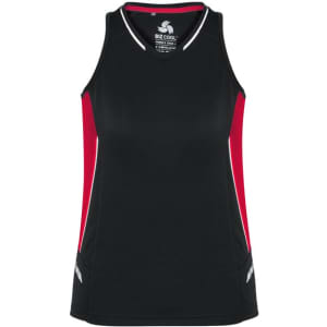 A black and red women's singlet with a fitted design and contrasting panel details, featuring a logo.