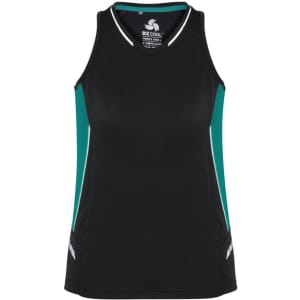 A black singlet with teal accents, featuring a logo on the front. Suitable for women's activewear.