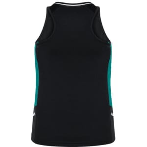A black singlet with teal side panels and a logo on the hem. Designed for women's activewear.