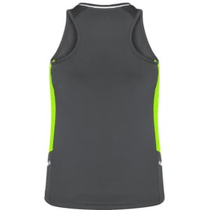 A women's singlet in dark grey with bright green side panels and a logo on the back.