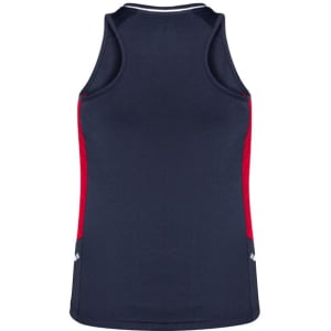 A navy singlet with red side panels and a racerback design, featuring a logo on the back.
