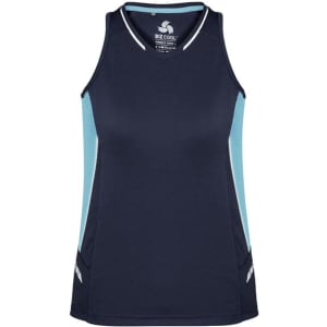 A navy singlet with light blue side panels, featuring a logo and a sporty design.
