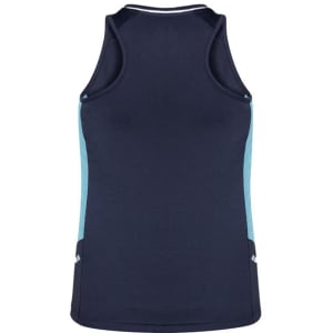 A dark navy singlet featuring light blue side panels and a fitted design. The garment has a small logo.