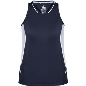 A navy blue women's singlet featuring light grey side panels and a logo on the front.