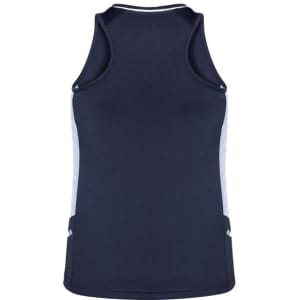 A navy blue women's singlet with white side panels, featuring a logo on the front.