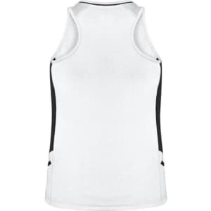 A white women's singlet with black side panels and a logo. The design features a sleeveless style.