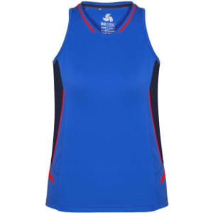 A blue women's singlet with black and red accents, featuring a logo on the front.