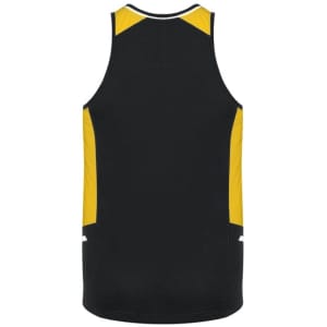 A black and yellow men's singlet featuring a logo, designed for athletic wear.
