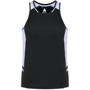 A black singlet with grey detailing and a logo on the front, designed for men.
