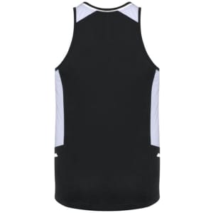 A black singlet featuring light blue accents and side pockets, with a logo on the back.