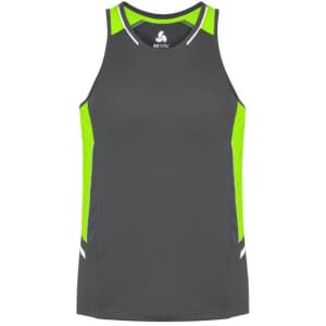 A men's singlet in grey with bright green accents and a logo on the chest. Suitable for sportswear.
