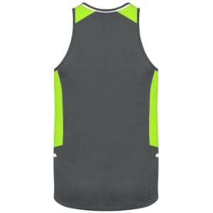 A grey singlet with bright green accents on the sides, featuring a logo on the back.