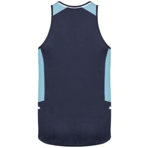 A navy blue singlet with light blue accents and a logo on the back.