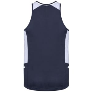 A navy blue men’s singlet with light blue accents, featuring a logo on the back.
