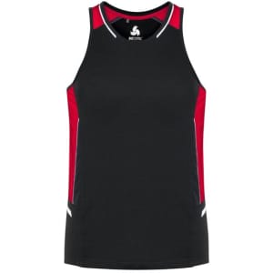 A black singlet with red side panels and a logo on the front, ideal for sports or casual wear.