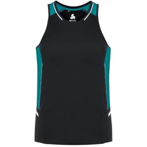 A black men's singlet featuring teal accents and a logo at the centre.