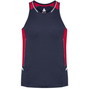 A navy singlet with red side panels and a logo at the centre. Designed for men’s active wear.