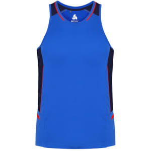 A blue men's singlet with red and black side panels, featuring a branded logo.