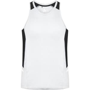 A men's singlet in white with black side panels and a logo on the front. Suitable for active wear.