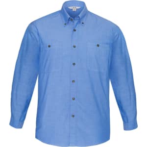A blue chambray long sleeve shirt with button-up front and two chest pockets. Features branded buttons.