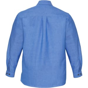 A blue men's chambray long sleeve shirt, featuring a button-up design and a single logo on the back.