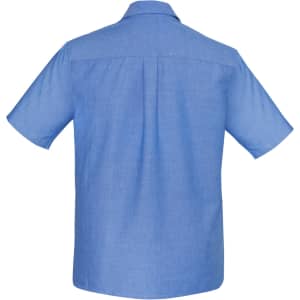 A back view of a short-sleeve men's chambray shirt in light blue, featuring a simple design and a logo.