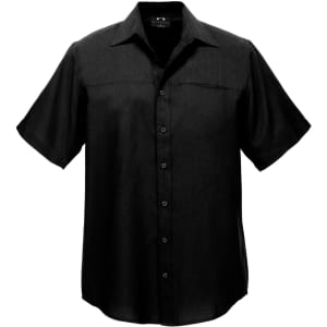 A black short sleeve button-up shirt with a simple design and a logo on the collar.